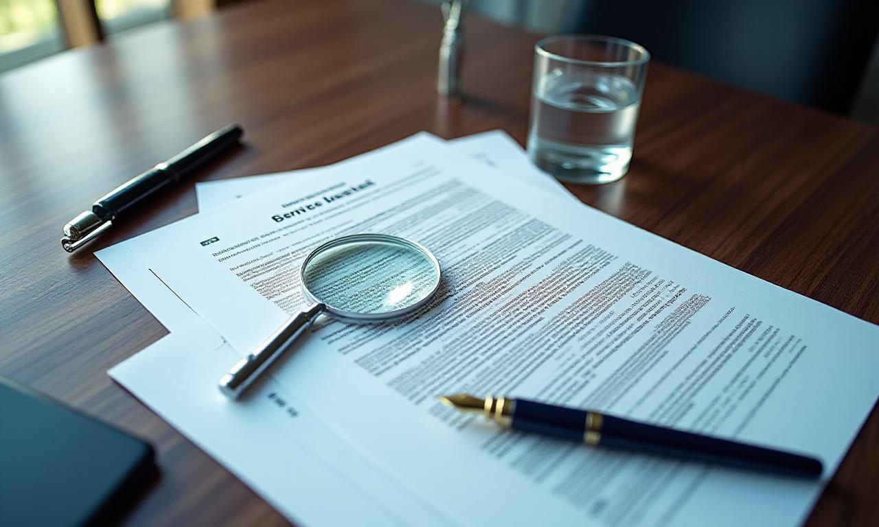 A cluttered desk with generic legal forms and a magnifying glass highlighting tiny fine print
