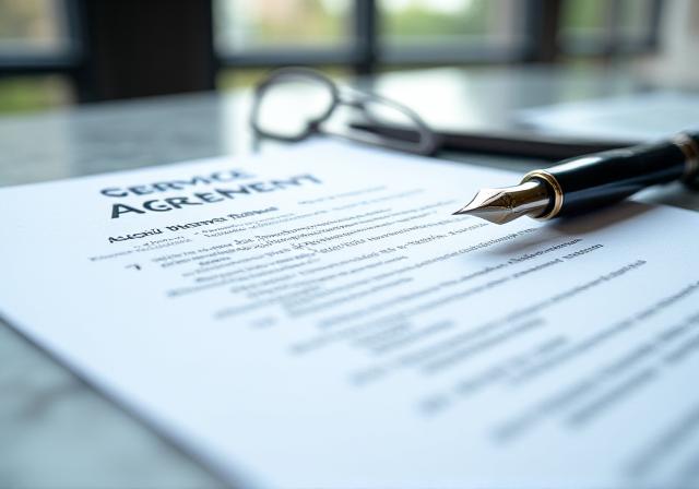 Close up of a professional document with a pen and glasses