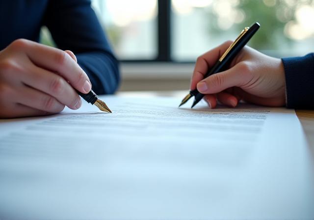 Close up of a professional reviewing a detailed legal contract in a modern South Melbourne office