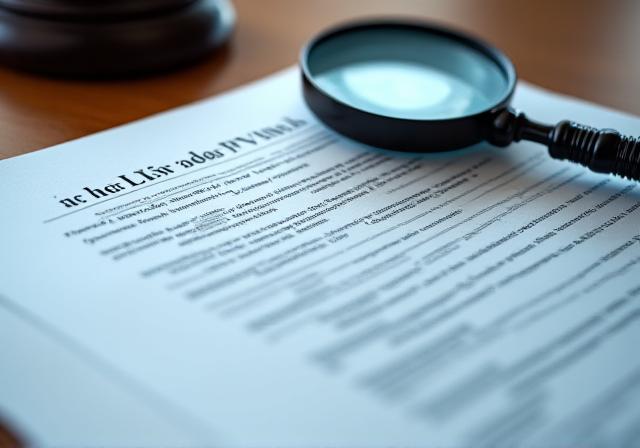 Close-up of a legal contract with a magnifying glass highlighting specific clauses